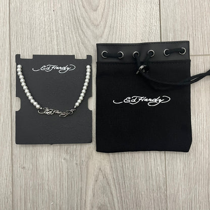 ed hardy scroll logo pearls necklace
