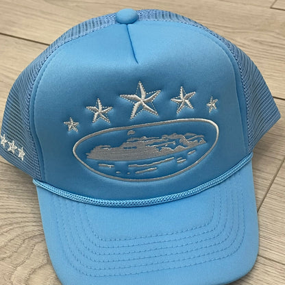 corteiz 5 starz alcatraz trucker baby blue