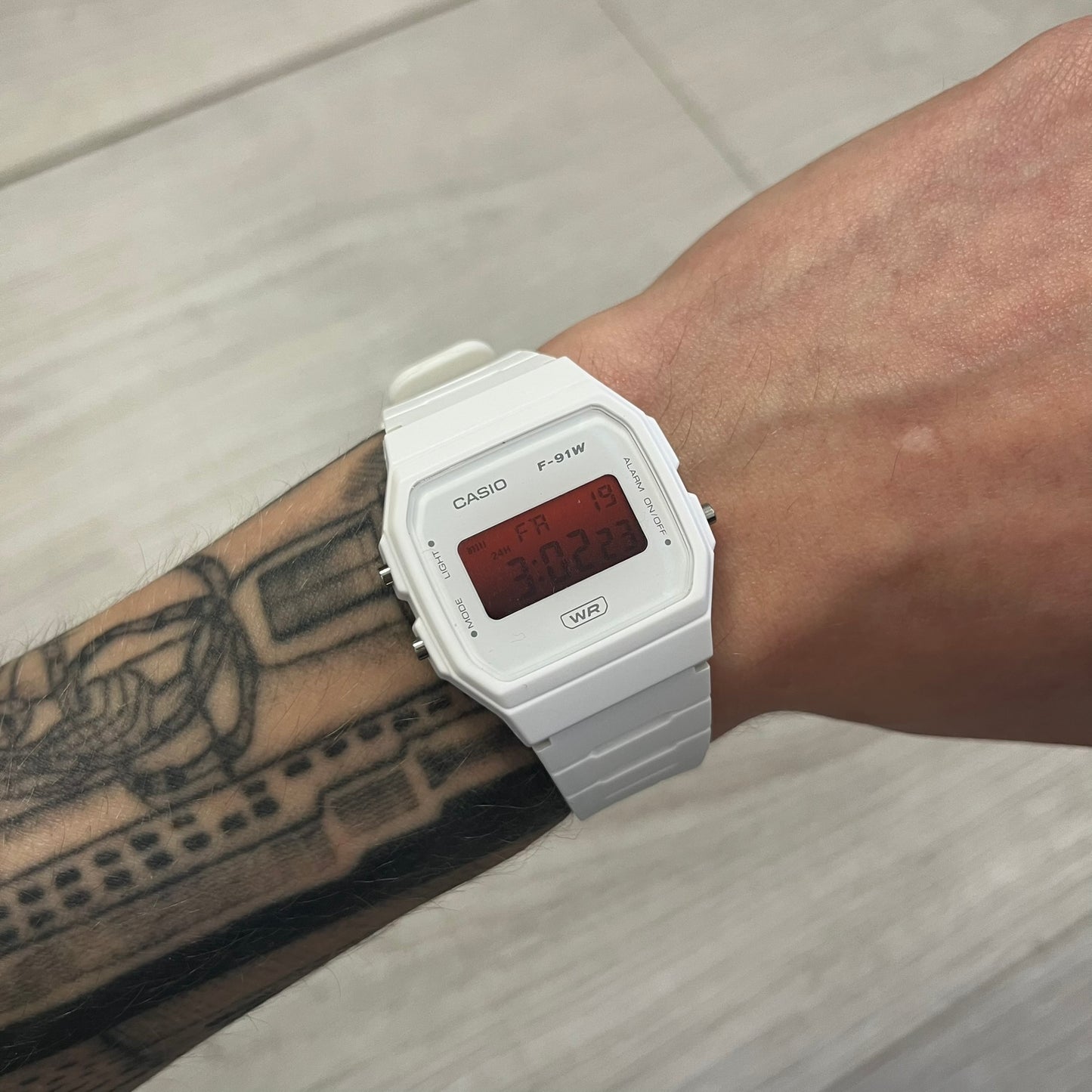 casio f-91w white & red, "japan"