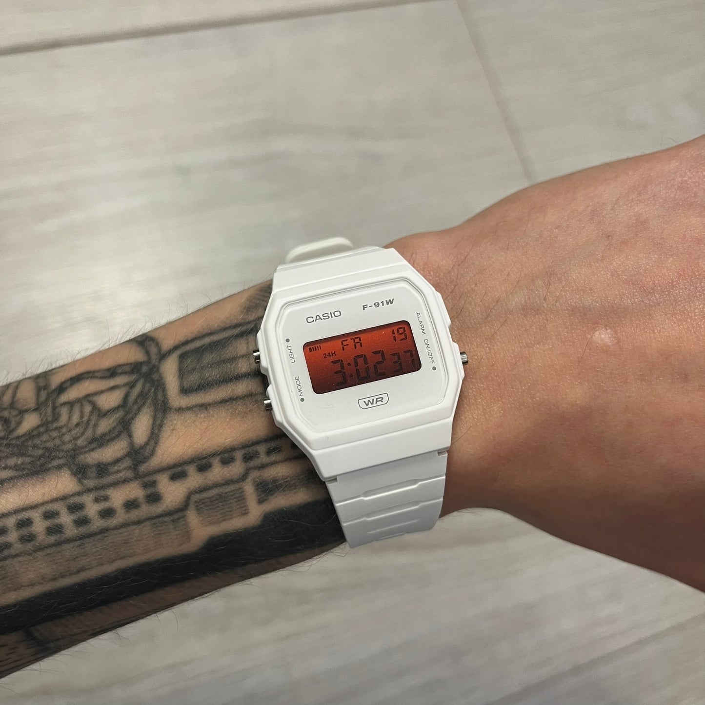 casio f-91w white & red, "japan"