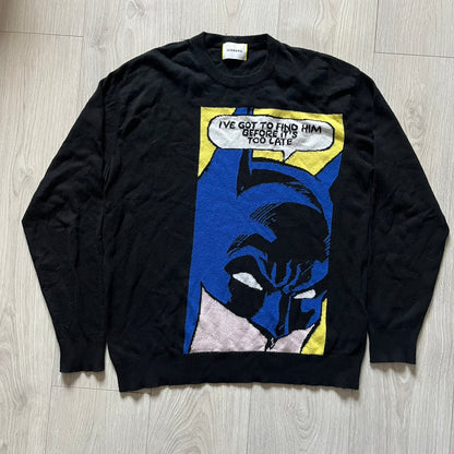Iceberg Batman 2016 Black Sweater crafted from a premium blend of polyamide, wool, cashmere, and viscose. Features a large woven Batman comic-style graphic on a yellow background with the quote “I’ve got to find him before it’s too late.” Officially licensed by DC, released as part of the Spring/Summer 2016 collection.