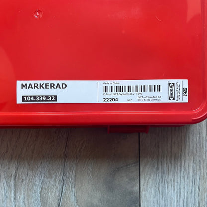 Orange/red toolkit from IKEA x Virgil Abloh MARKERAD collection, released 11/01/2019. Includes four tools: hammer, screwdriver, pliers, and wrench, all in matching orange/red color. Original IKEA release, part of the limited MARKERAD capsule.