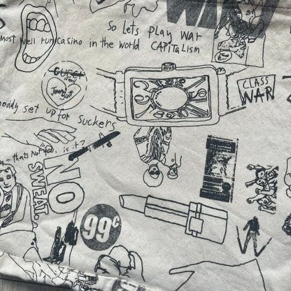 Jeremy Scott 2004 Chicks on Speed: It’s a Project Tote Bag is a cream canvas tote featuring multiple black hand-drawn style graphics including symbols, objects, and abstract motifs such as text elements, crossed-out luxury references, lips, watches, chains, and figures. The bag was originally part of a limited art publication kit released in 2004. It came with additional included items such as a book, poster, CD, clothing pattern, and fabric components as part of the full “Chicks on Speed: It’s a Project” s