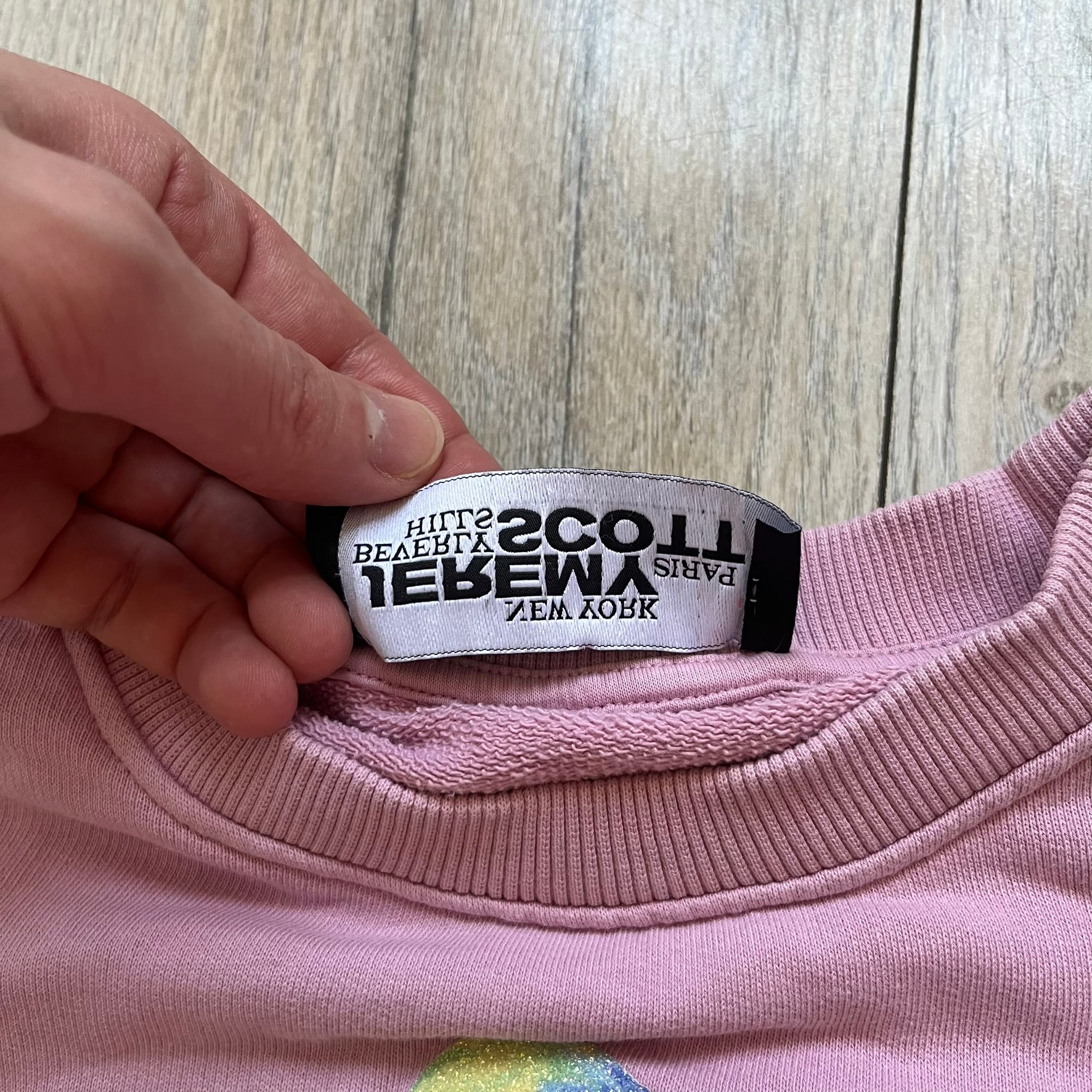 Jeremy Scott 2018 Popples Pink Crewneck is a pink sweatshirt featuring a front graphic of an upside-down orange Popples character with green hair and blue/red heart-shaped ears, finished with a glittery, shiny application. The upper back includes a rubberized orange “Jeremy Scott Paris” logo.
