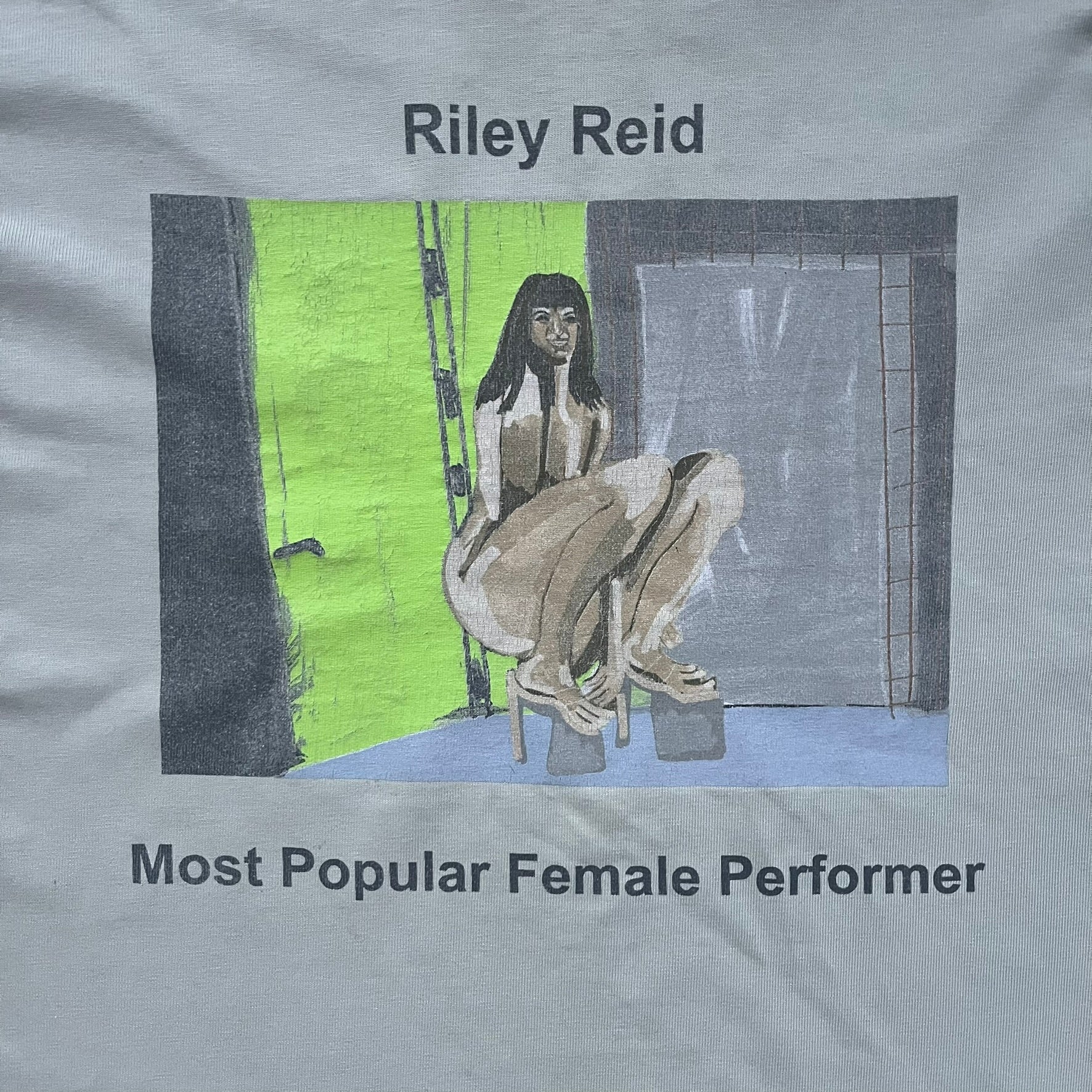 Longsleeve tee from the FW18 Kanye West x Pornhub collection, released 09/07/2018. Vapor color, featuring a front illustration of Riley Reid with her name above and “Top Female Performer” below. Back has the numbers “6918” (futuristic theme set in the year 6918). Includes printed Pornhub tag and YEEZY wash tag, part of a limited run commemorating the 2018 Pornhub Awards.