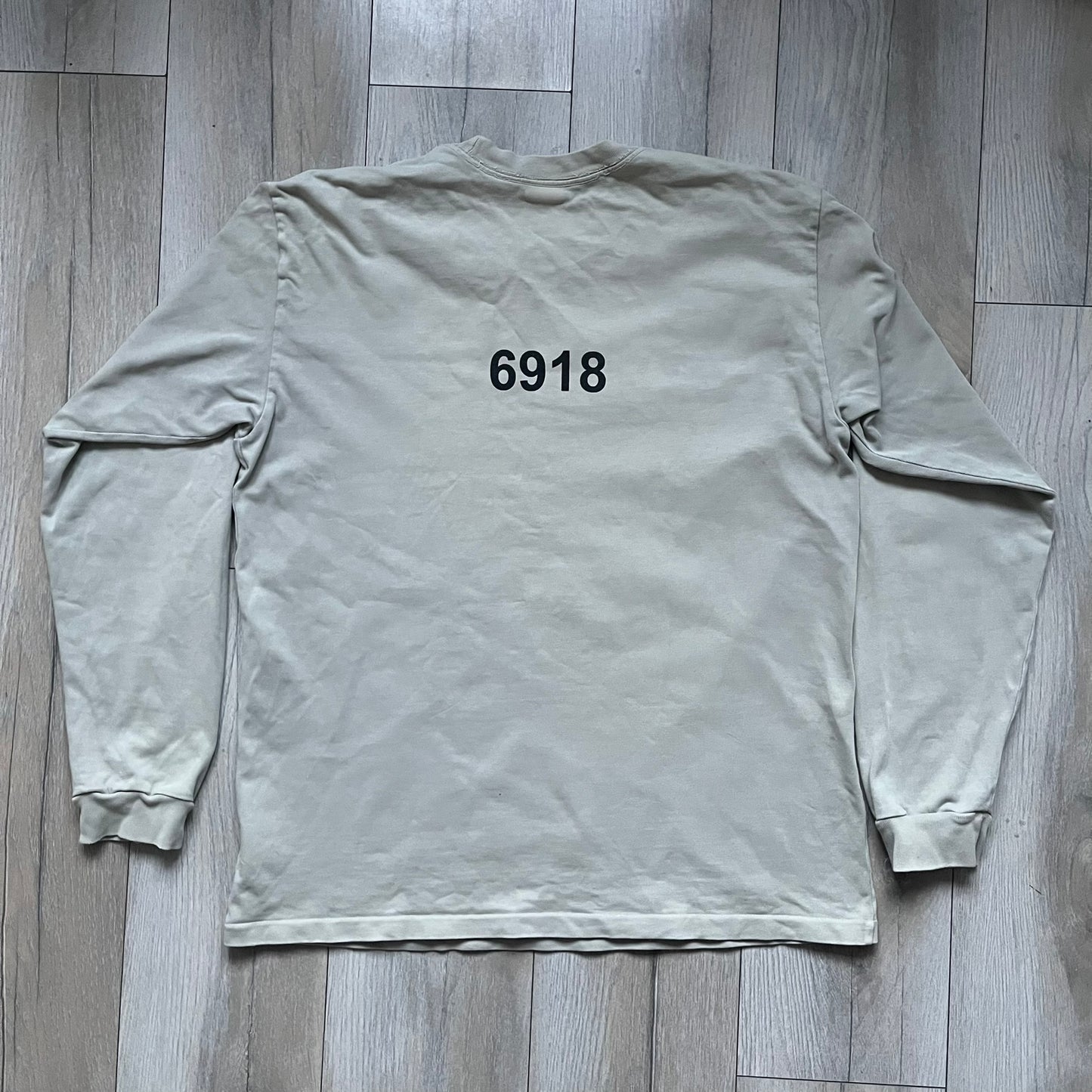 Longsleeve tee from the FW18 Kanye West x Pornhub collection, released 09/07/2018. Vapor color, featuring a front illustration of Riley Reid with her name above and “Top Female Performer” below. Back has the numbers “6918” (futuristic theme set in the year 6918). Includes printed Pornhub tag and YEEZY wash tag, part of a limited run commemorating the 2018 Pornhub Awards.