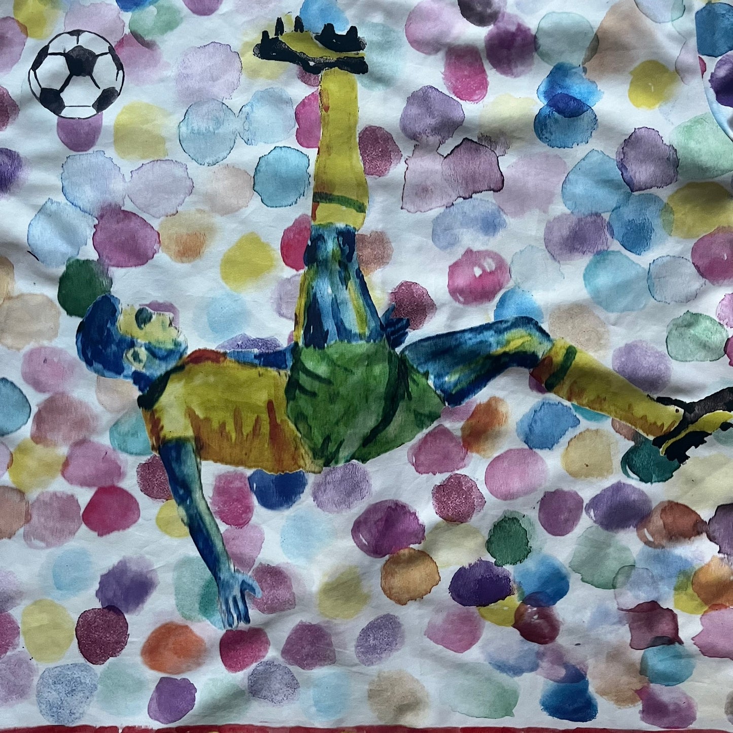 From the KidSuper Studios x Puma 2020 collection, this reversible football shirt (598953-02) showcases a watercolor-style all-over crowd print with vibrant color detailing. The design includes a red and yellow co-branded banner, a green field stripe and a back graphic of a football player doing a bicycle kick. Complete with a chest pocket and embroidered KidSuper Studios x Puma logo.
