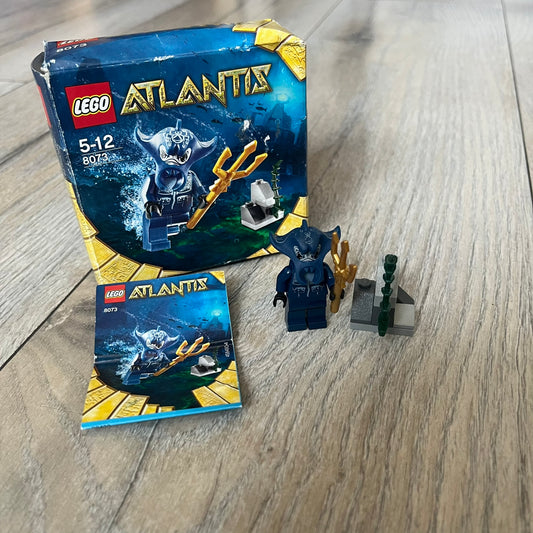 LEGO Atlantis 8073 Manta Warrior Set is a 2009 release consisting of 13 pieces. The set includes a Manta Warrior minifigure armed with a trident and a small seaweed-covered rock build. It was part of the Atlantis theme and released as a small impulse set.