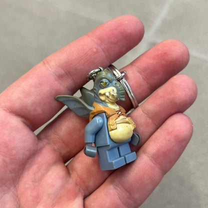LEGO Star Wars 853413 Watto Key Chain is a 2012 LEGO Gear accessory featuring an authentic LEGO Watto minifigure attached to a metal key ring and chain. The Watto figure is permanently fixed to the chain and cannot be removed. The design represents Watto, the Toydarian junk dealer character from Star Wars: The Phantom Menace.