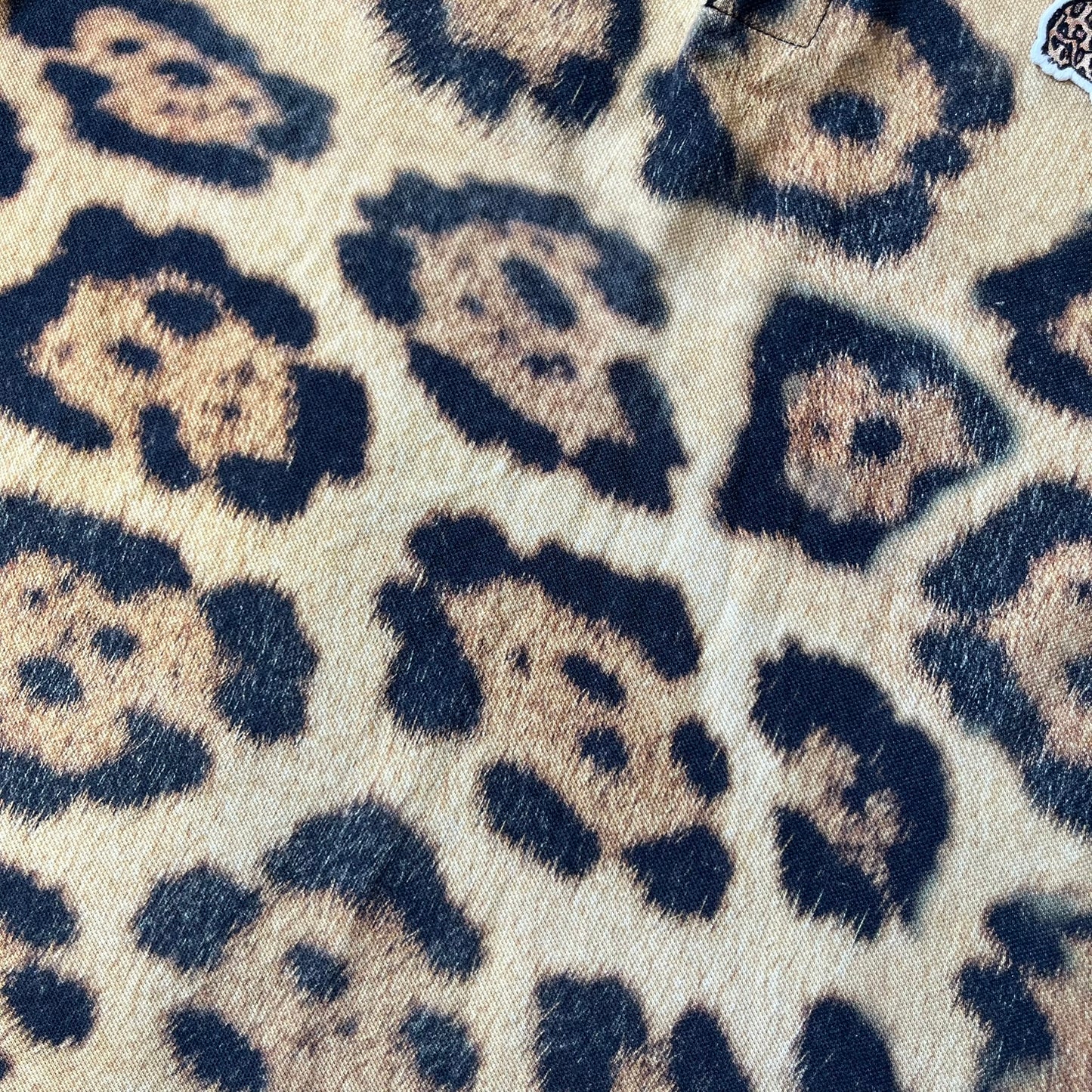 Lacoste x National Geographic AW20 Leopard Polo features an all-over beige, brown and black leopard print pattern across the fabric. The polo has beige collar and sleeve hems, with a chest patch featuring the Lacoste crocodile logo in matching pattern colors.