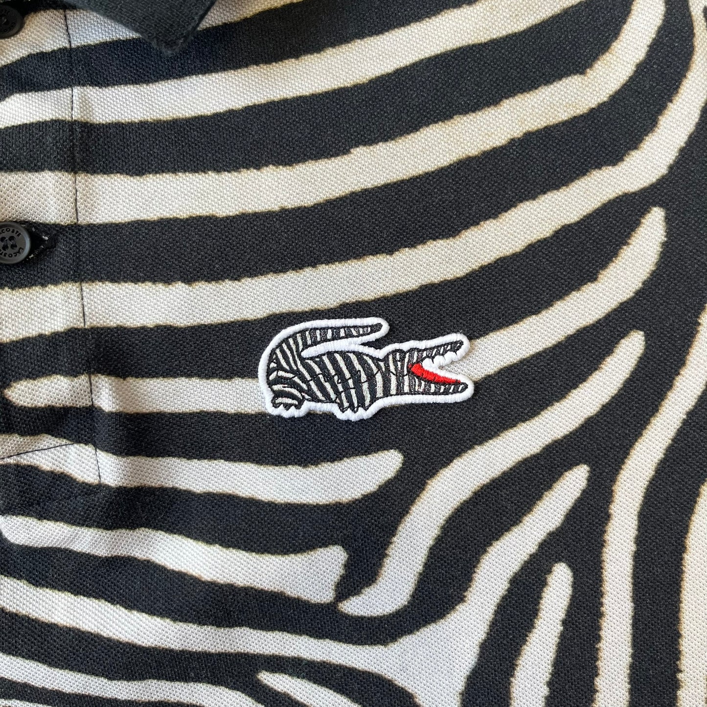  Lacoste x National Geographic AW20 Zebra Polo features an all-over white and black zebra print pattern across the fabric. The polo has black collar and sleeve hems, with a chest patch featuring the Lacoste crocodile logo in matching pattern colors.