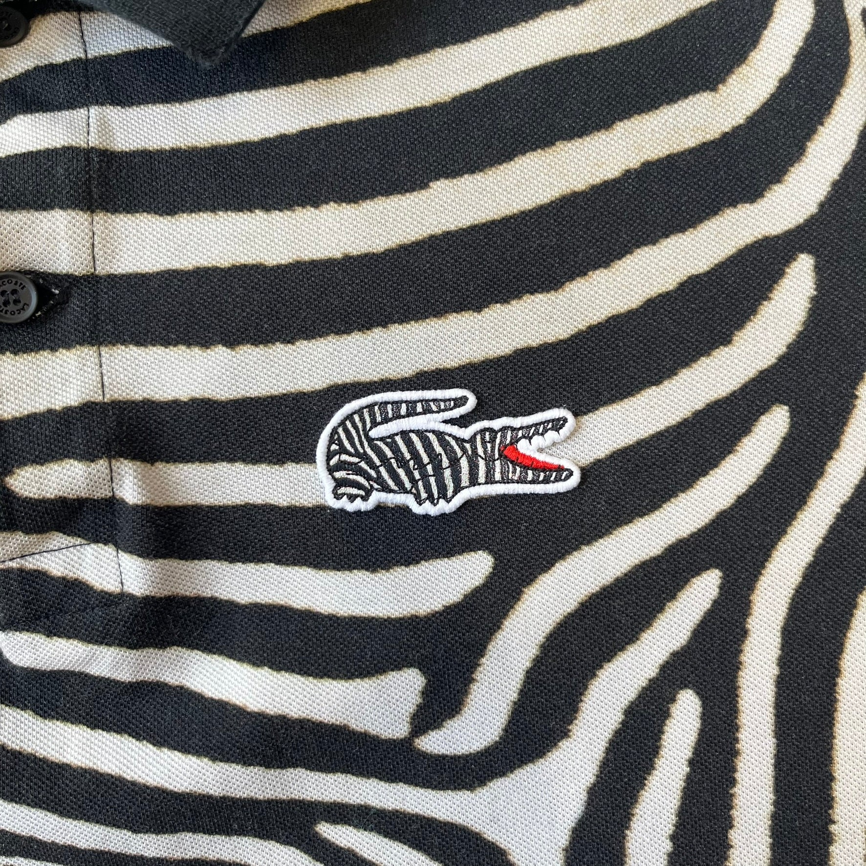  Lacoste x National Geographic AW20 Zebra Polo features an all-over white and black zebra print pattern across the fabric. The polo has black collar and sleeve hems, with a chest patch featuring the Lacoste crocodile logo in matching pattern colors.