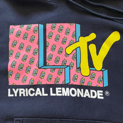 Lyrical Lemonade x MTV hoodie made on a Champion Reverse Weave blank. The front features a large pink Lyrical Lemonade “LL” logo based on MTV, filled with lemonade carton graphics, and white “Lyrical Lemonade” text printed underneath. Constructed with Champion’s heavyweight Reverse Weave fabric, finished with ribbed side panels and a small embroidered Champion logo on the sleeve near the hem.