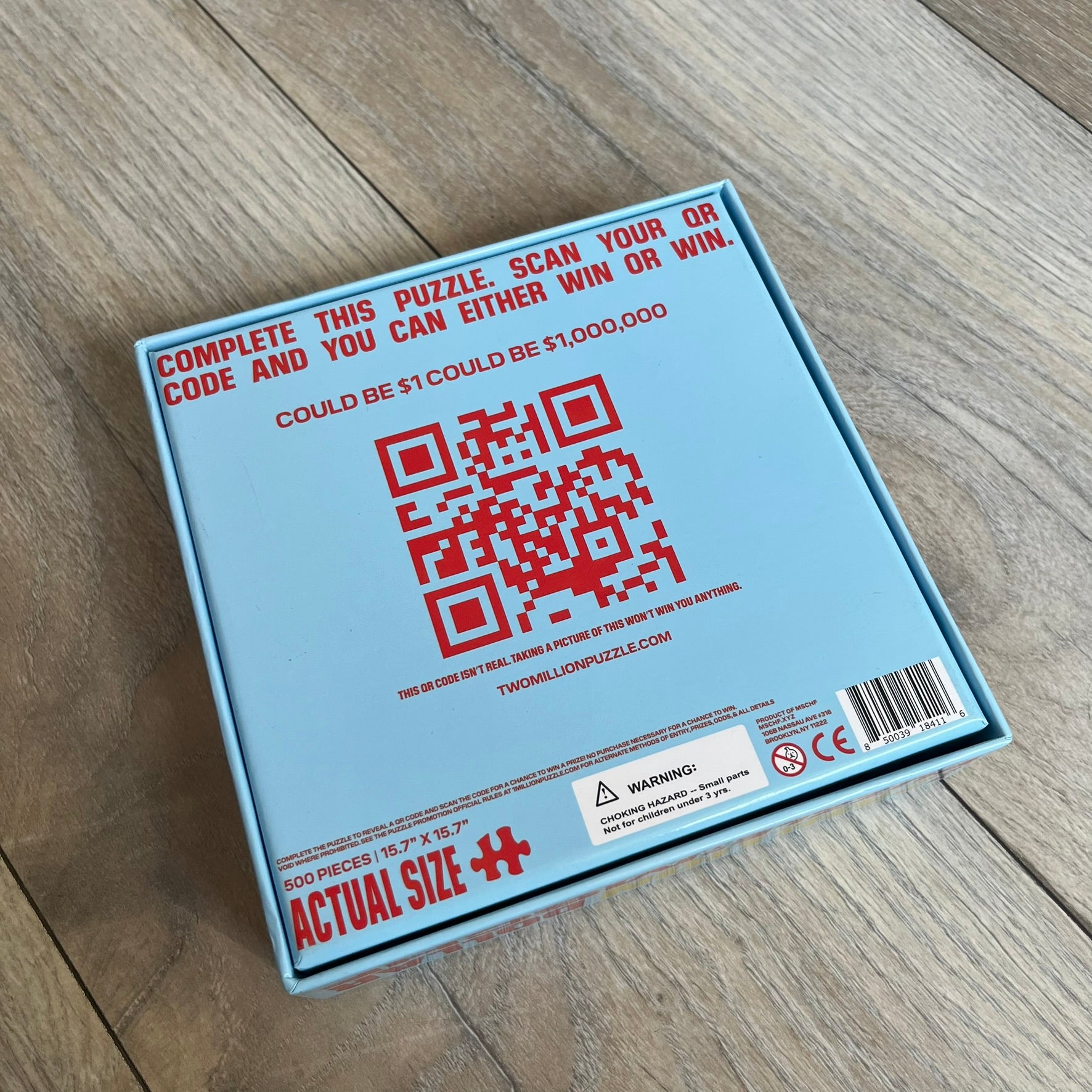 MSCHF 2 Million Dollar Puzzle is a 500-piece jigsaw puzzle released as a limited promotion, where each completed puzzle revealed a unique code with a guaranteed cash prize ranging from $1 to $1,000,000. The puzzle was part of a viral release by MSCHF and required full assembly to access the reward. The promotion officially ended in 2024.