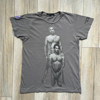 Marc Jacobs 2010s Robert Duffy Skin Cancer Awareness T-shirt is a gray campaign tee created to support skin cancer awareness. The front features an illustrative composition of Robert Duffy with Marc Jacobs included in the design. The sleeves contain printed text referencing “In loving memory of Dr Jessie Rubin” and support for NYU School of Medicine. The back includes a large “Thank You” message listing contributors involved in the campaign.
