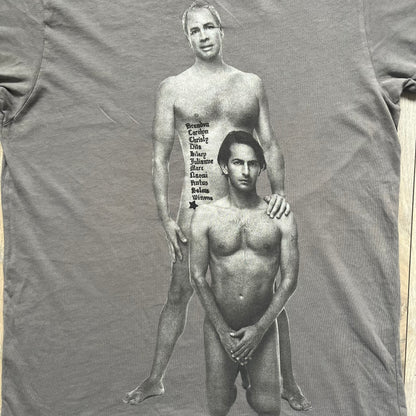 Marc Jacobs 2010s Robert Duffy Skin Cancer Awareness T-shirt is a gray campaign tee created to support skin cancer awareness. The front features an illustrative composition of Robert Duffy with Marc Jacobs included in the design. The sleeves contain printed text referencing “In loving memory of Dr Jessie Rubin” and support for NYU School of Medicine. The back includes a large “Thank You” message listing contributors involved in the campaign.
