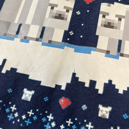 Minecraft Polar Bears Navy Crewneck features a navy construction made on a Fruit of the Loom blank. The front has a pattern of hearts and polar bear heads, with an icy Minecraft logo topped with snow and two polar bears standing on snow with a heart between them. This is not an official Minecraft piece.

