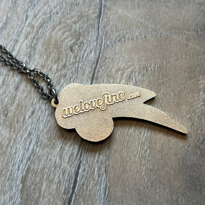 My Little Pony Rainbow Dash 2010s Necklace produced by WeLoveFine. Constructed from stainless steel, it features a slightly raised steel outline pendant of the Rainbow Dash cloud and three-color lightning bolt logo, finished with enamel detailing. The pendant is attached to a thin stainless steel chain.