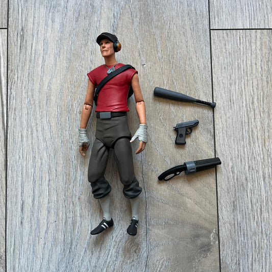 NECA Team Fortress 2 RED Scout Series 4 action figure from 2018. The figure measures approximately 7 inches in scale and recreates the Scout character from Valve’s Team Fortress 2 with game-accurate styling. It features more than 25 points of articulation and comes with three weapons: a scattergun, pistol, and bat.