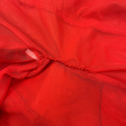 Nike Red/Blue/White Split Windbreaker featuring a modular design with front and back zippers that allow attachment to compatible jackets. The layout includes dominant red panels across the sleeves and upper front, contrasted with blue accents, a white hood, and a blue-white-black camo hood lining. Finished with a gold embroidered Nike logo on the chest.