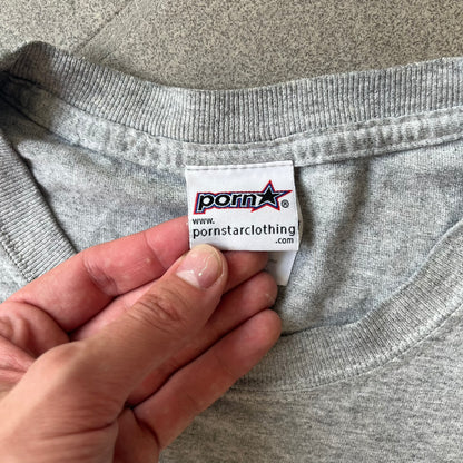 Porn Star Clothing 90's Fruits Gray Tee features a grey T-shirt with an apple, banana, and pear graphic on the chest, arranged as a you know what. A small Porn Star logo is printed underneath, with the “Good Clothing for Bad People” branding on the neck tag. The shirt has two professionally repaired holes under the armpits.