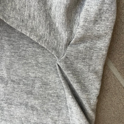 Porn Star Clothing 90's Fruits Gray Tee features a grey T-shirt with an apple, banana, and pear graphic on the chest, arranged as a you know what. A small Porn Star logo is printed underneath, with the “Good Clothing for Bad People” branding on the neck tag. The shirt has two professionally repaired holes under the armpits.