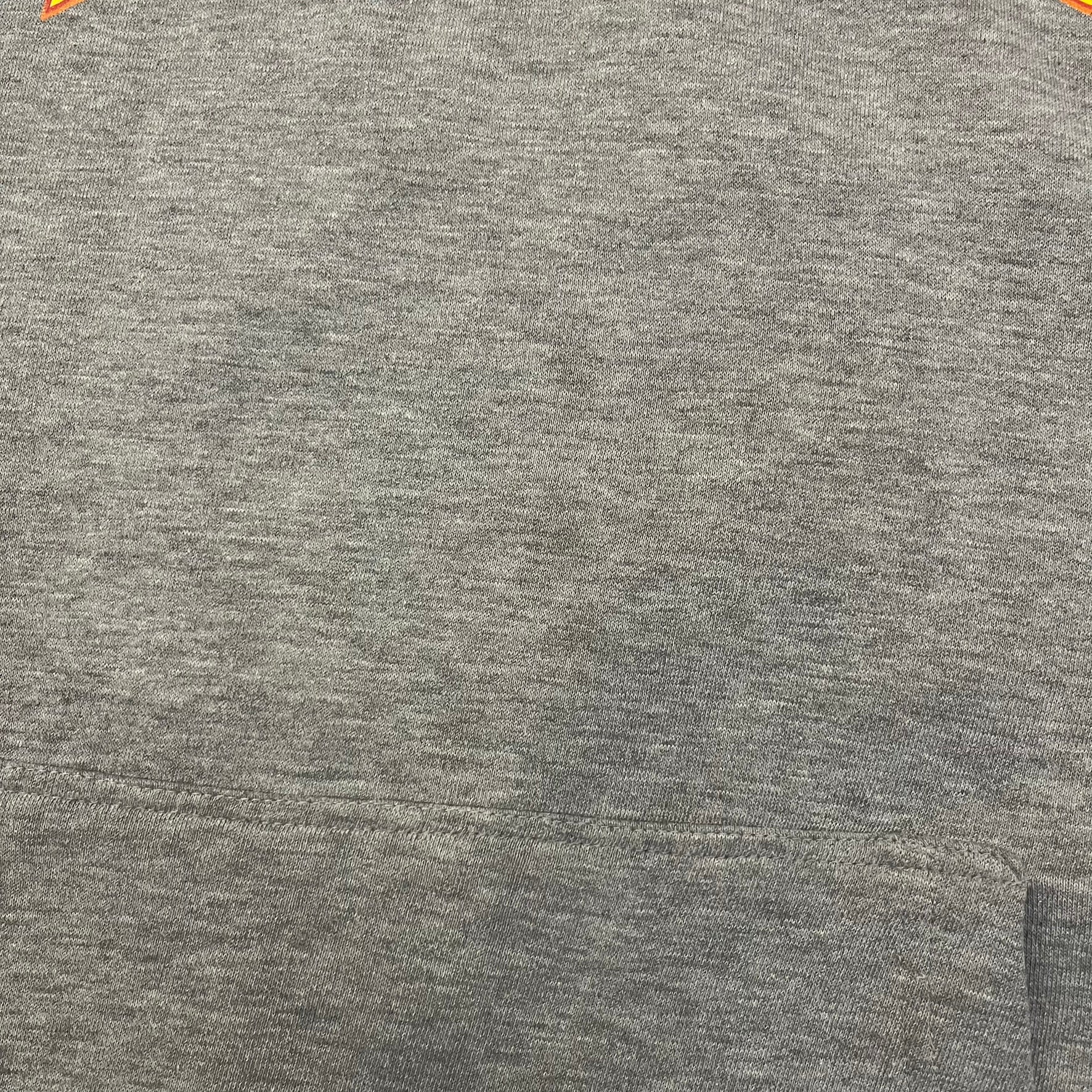 Porn Star Clothing Thrasher Hoodie from the 1990s, made in a gray cotton fabric. The front features a large flame-style “Pornstar” logo that is a spin-off of the Trasher one, with matching flame graphics running down both sleeves. Designed with an adjustable drawstring hood, front kangaroo pocket, and ribbed cuffs and hem. Finished with the original “Must Be 18 Or Over” Porn Star Clothing tag.