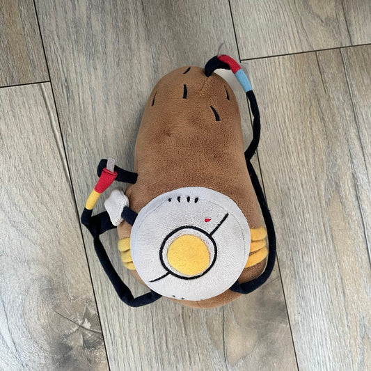 Portal 2 GLaDOS PotatOS 2013 ThinkGeek Talking Plush is a collectible plush toy based on the PotatOS version of GLaDOS from the Portal 2 video game. The plush features a soft construction with integrated electronics, including 10 pre-recorded voice lines activated by a button, along with a light-up eye effect. It requires 3 AA batteries (not included), includes an on/off switch hidden in the back compartment, and was produced by ThinkGeek in 2013.