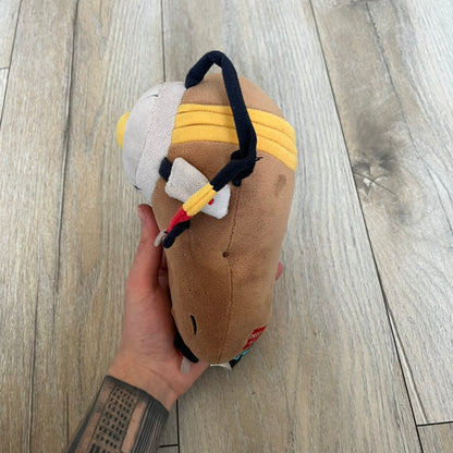Portal 2 GLaDOS PotatOS 2013 ThinkGeek Talking Plush is a collectible plush toy based on the PotatOS version of GLaDOS from the Portal 2 video game. The plush features a soft construction with integrated electronics, including 10 pre-recorded voice lines activated by a button, along with a light-up eye effect. It requires 3 AA batteries (not included), includes an on/off switch hidden in the back compartment, and was produced by ThinkGeek in 2013.