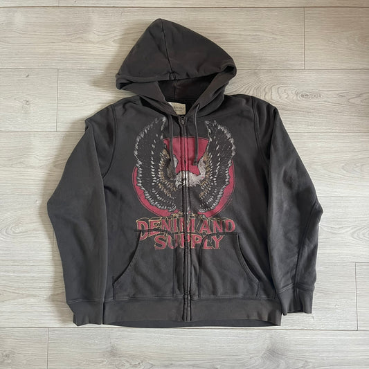 Ralph Lauren Denim &amp; Supply Eagle Hoodie in dark brown, featuring a big front graphic with a large eagle over a filled red circle. The design is completed with prominent red “Denim and Supply” under the graphic. From the discontinued Denim &amp; Supply line.