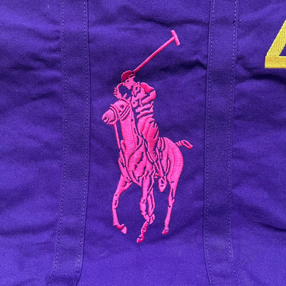Ralph Lauren Purple &amp; Pink 4 thick tote bag with a large pink embroidered RL horse logo on the front. Yellow number "4" on the upper right. Interior is pink, made from a softer, smooth material. High-quality embroidery and sturdy exterior construction.