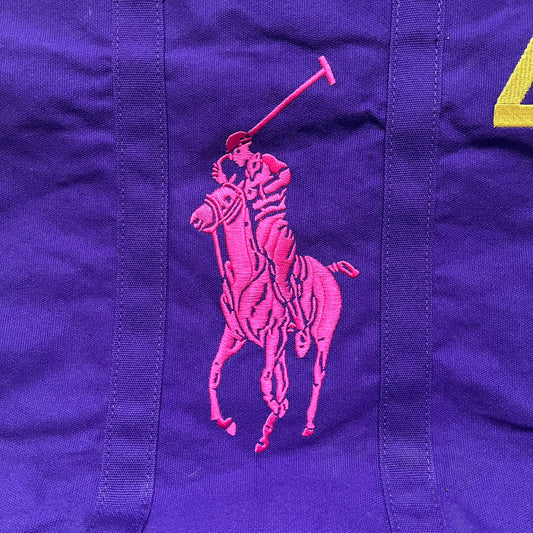 Ralph Lauren Purple &amp; Pink 4 thick tote bag with a large pink embroidered RL horse logo on the front. Yellow number "4" on the upper right. Interior is pink, made from a softer, smooth material. High-quality embroidery and sturdy exterior construction.