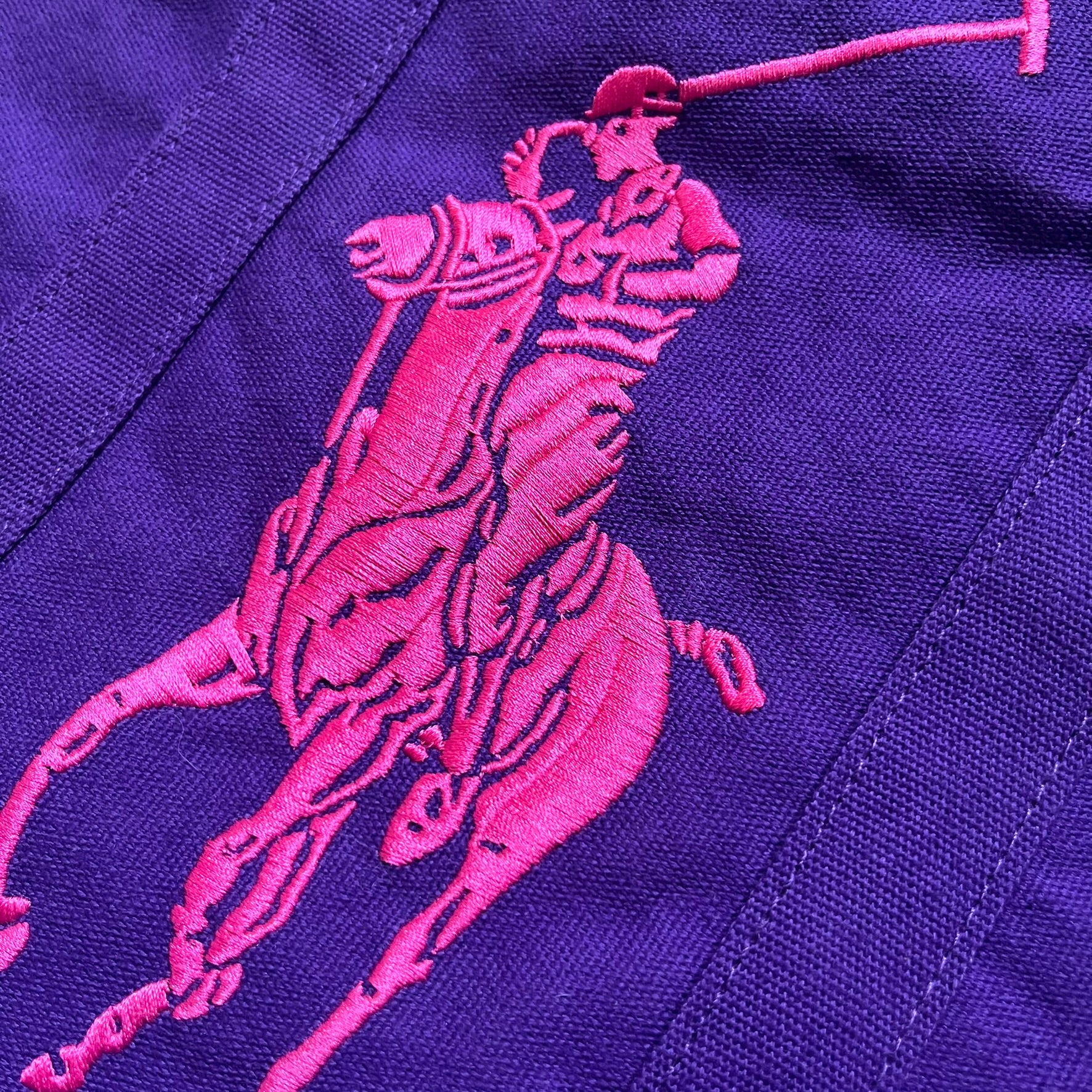 Ralph Lauren Purple &amp; Pink 4 thick tote bag with a large pink embroidered RL horse logo on the front. Yellow number "4" on the upper right. Interior is pink, made from a softer, smooth material. High-quality embroidery and sturdy exterior construction.