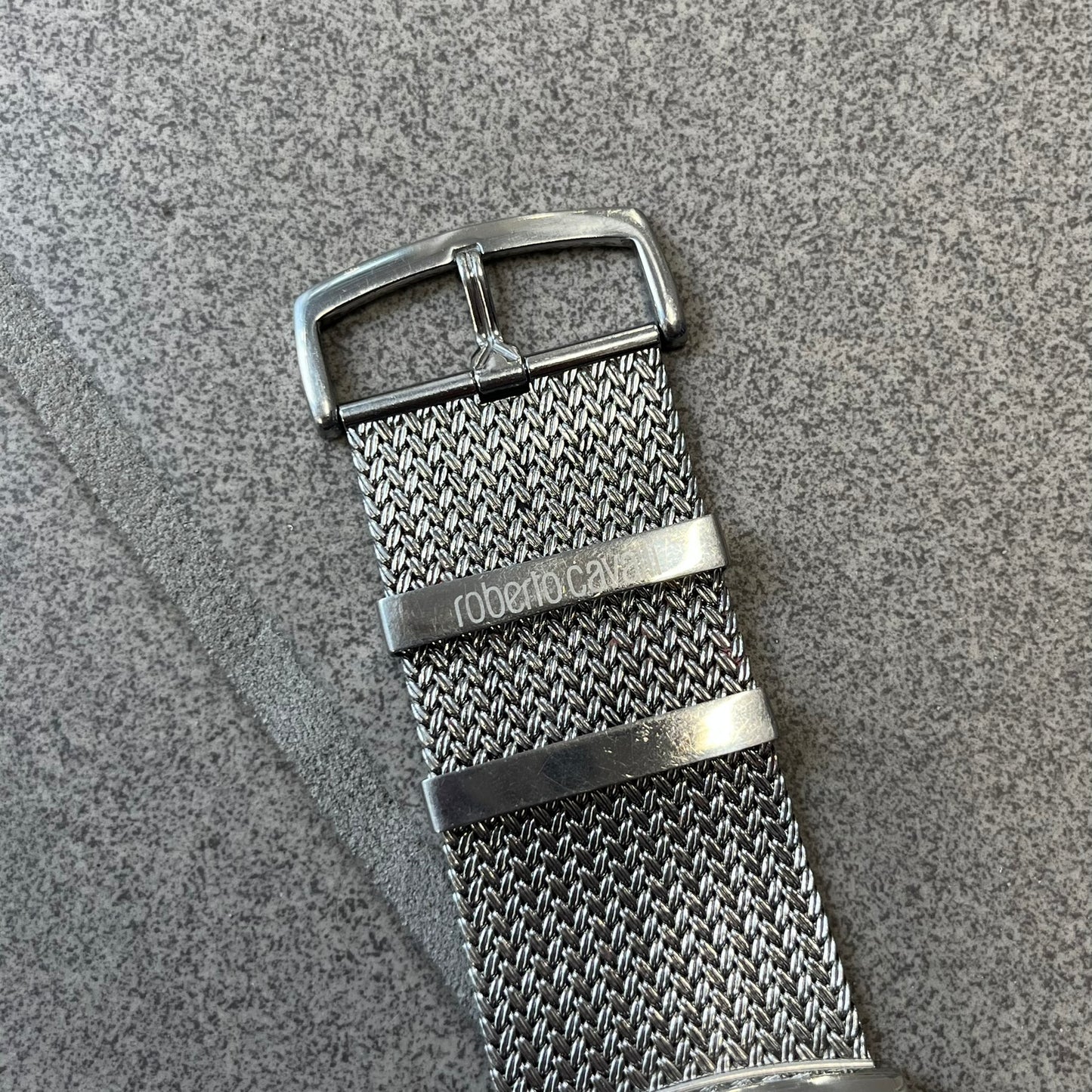 Roberto Cavalli 2000's Ellisse Analog Watch features a curved silver-tone case with a textured mesh bracelet and adjustable strap. The dial has a pearlescent finish that changes slightly depending on the angle, with no hour numbers and a small Roberto Cavalli logo at the bottom.
