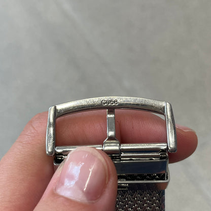 Roberto Cavalli 2000's Ellisse Analog Watch features a curved silver-tone case with a textured mesh bracelet and adjustable strap. The dial has a pearlescent finish that changes slightly depending on the angle, with no hour numbers and a small Roberto Cavalli logo at the bottom.
