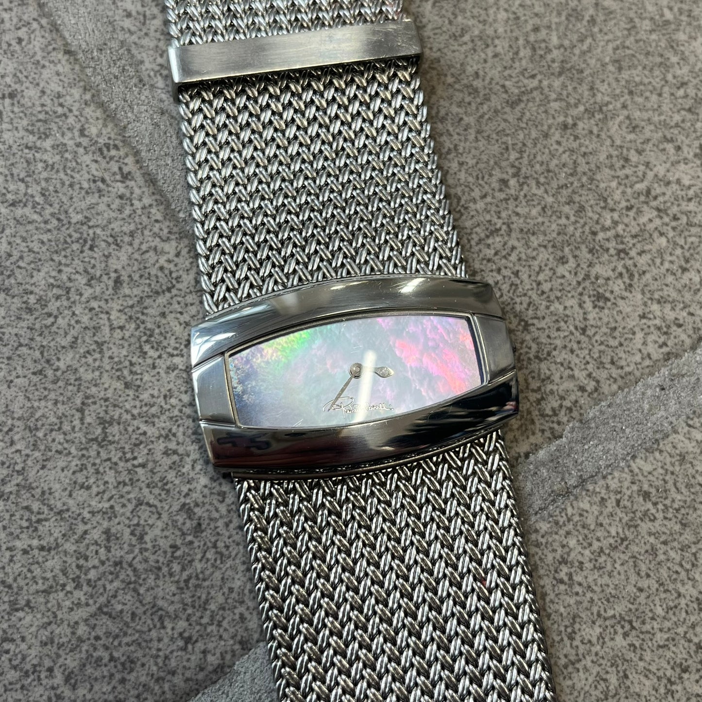 Roberto Cavalli 2000's Ellisse Analog Watch features a curved silver-tone case with a textured mesh bracelet and adjustable strap. The dial has a pearlescent finish that changes slightly depending on the angle, with no hour numbers and a small Roberto Cavalli logo at the bottom.
