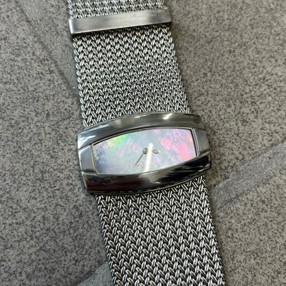 Roberto Cavalli 2000's Ellisse Analog Watch features a curved silver-tone case with a textured mesh bracelet and adjustable strap. The dial has a pearlescent finish that changes slightly depending on the angle, with no hour numbers and a small Roberto Cavalli logo at the bottom.
