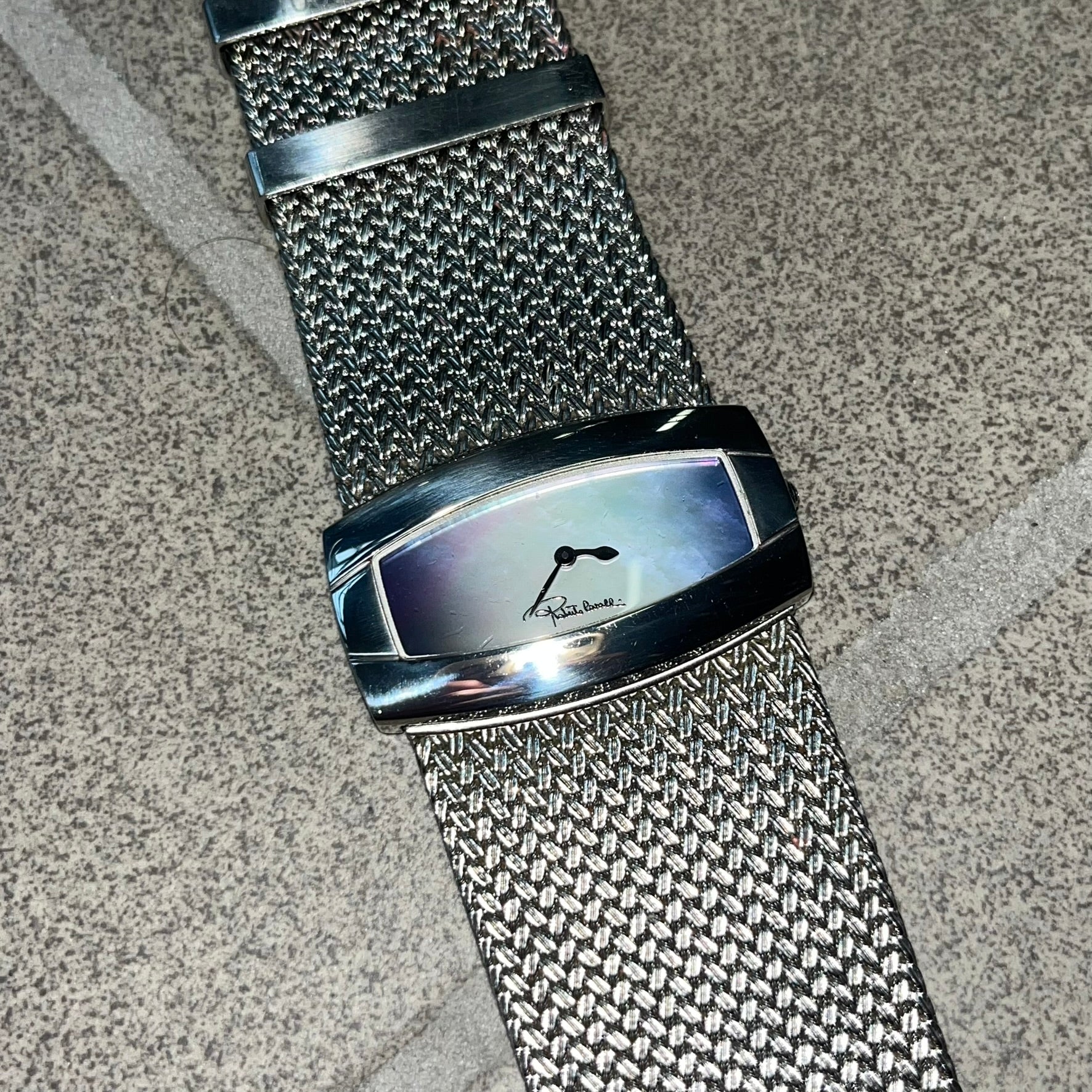 Roberto Cavalli 2000's Ellisse Analog Watch features a curved silver-tone case with a textured mesh bracelet and adjustable strap. The dial has a pearlescent finish that changes slightly depending on the angle, with no hour numbers and a small Roberto Cavalli logo at the bottom.
