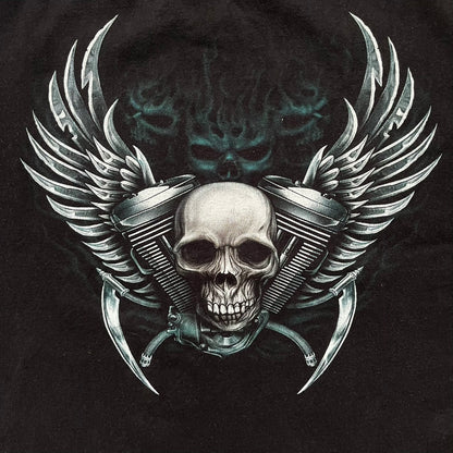 Rock Eagle 2010s Skull Biker Tee is a black T-shirt featuring a large front graphic of a skull-faced biker riding a motorcycle while being chased by a skeletal Grim Reaper holding a scythe. The artwork includes lightning strikes, skulls, and detailed airbrush-style effects throughout the scene. The back features a graphic of a winged engine with a skull at the center. Finished with a Rock Eagle neck tag.
