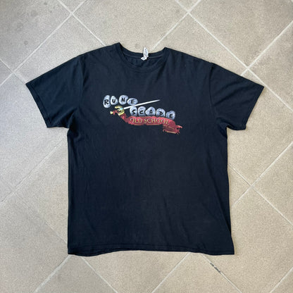 RuneScape Old School 2010's Logo Tee features a black construction with the RuneScape Old School logo printed on the front. The shirt was available through the official Jagex store and dates from the late 2010s to 2020s. Made on a Gildan blank.
