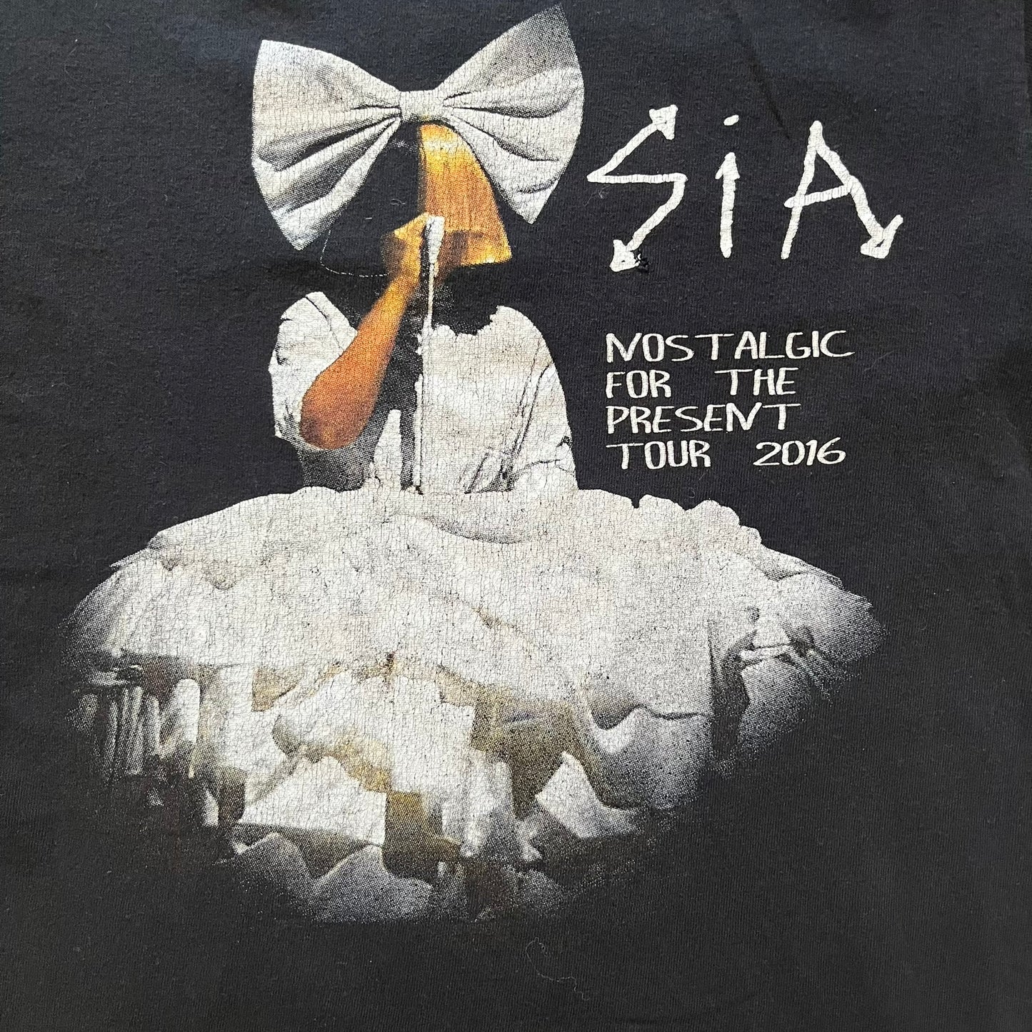  Sia 2016 Nostalgic For The Present tour tee in black, printed on a durable Delta Pro Weight blank. The front features a Sia graphic, while the back lists all U.S. tour cities where she performed. Made as official merchandise for the 2016 tour, this tee combines quality construction with collectible tour details.