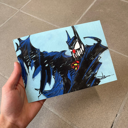 Slawn 2026 Batman Print is a high-quality A5 print bought at a Rolex event featuring Slawn, depicting a deformed Batman in dark blue-black with a signature Slawn-style scary face against a light blue background. It carries Slawn's signature in the bottom right, and the original artwork was painted in 2025.