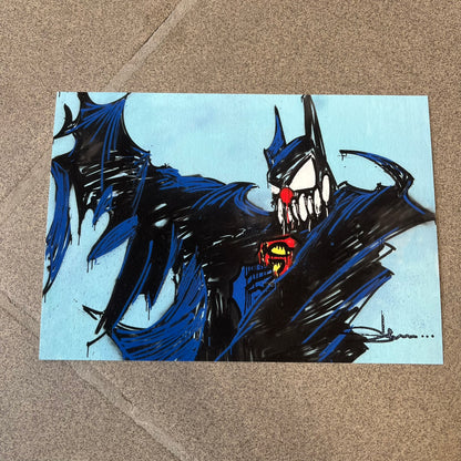 Slawn 2026 Batman Print is a high-quality A5 print bought at a Rolex event featuring Slawn, depicting a deformed Batman in dark blue-black with a signature Slawn-style scary face against a light blue background. It carries Slawn's signature in the bottom right, and the original artwork was painted in 2025.