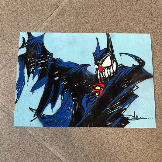 Slawn 2026 Batman Print is a high-quality A5 print bought at a Rolex event featuring Slawn, depicting a deformed Batman in dark blue-black with a signature Slawn-style scary face against a light blue background. It carries Slawn's signature in the bottom right, and the original artwork was painted in 2025.
