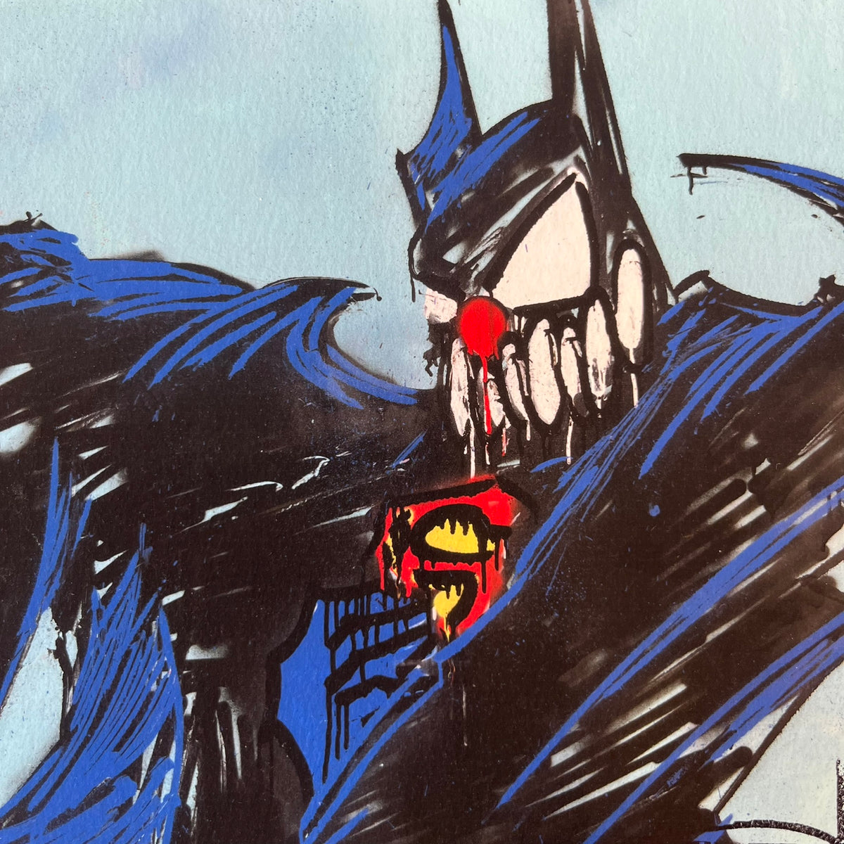 Slawn 2026 Batman Print is a high-quality A5 print bought at a Rolex event featuring Slawn, depicting a deformed Batman in dark blue-black with a signature Slawn-style scary face against a light blue background. It carries Slawn's signature in the bottom right, and the original artwork was painted in 2025.