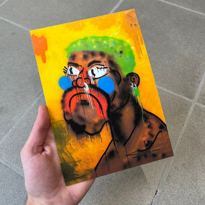 Slawn 2026 Rodman Print is a high-quality A5 print bought at a Rolex event featuring Slawn, showing a crying portrait of Dennis Rodman in Slawn's signature style against a yellow background. It carries Slawn's signature in the bottom right, with the original artwork painted in 2025.