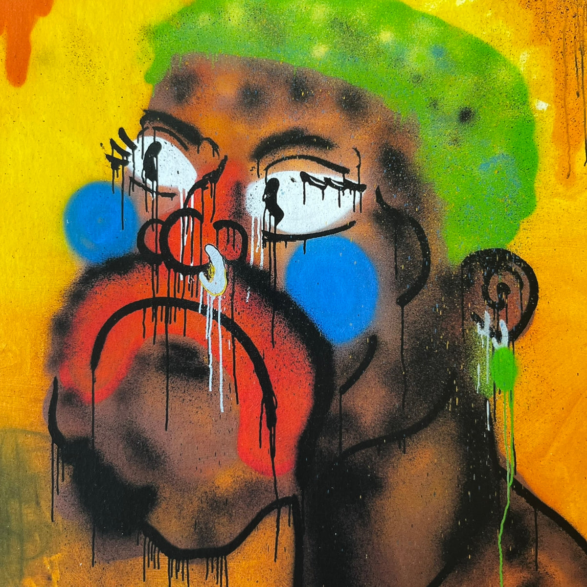 Slawn 2026 Rodman Print is a high-quality A5 print bought at a Rolex event featuring Slawn, showing a crying portrait of Dennis Rodman in Slawn's signature style against a yellow background. It carries Slawn's signature in the bottom right, with the original artwork painted in 2025.