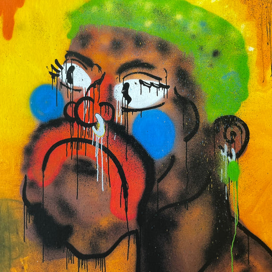 Slawn 2026 Rodman Print is a high-quality A5 print bought at a Rolex event featuring Slawn, showing a crying portrait of Dennis Rodman in Slawn's signature style against a yellow background. It carries Slawn's signature in the bottom right, with the original artwork painted in 2025.