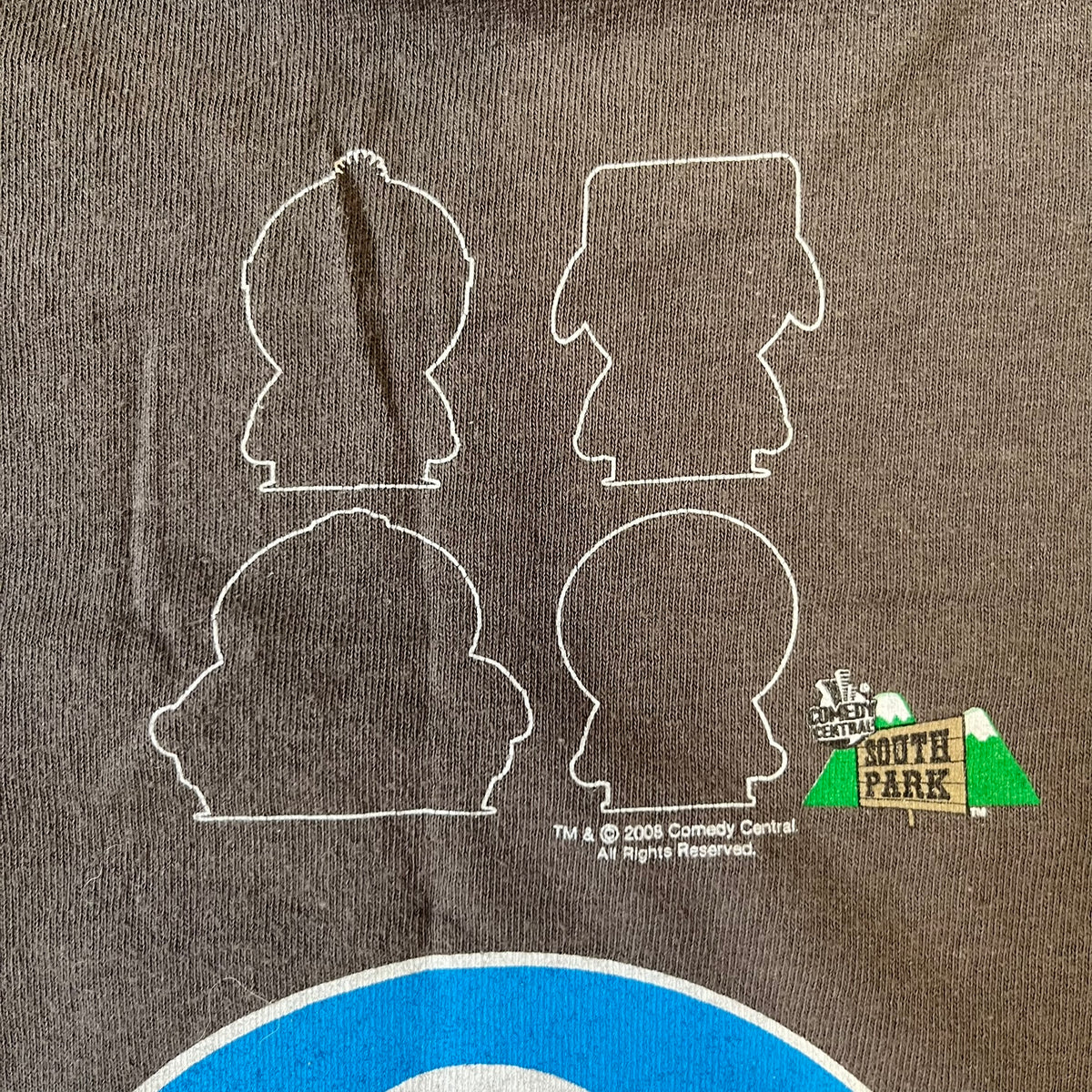 South Park 2008 Timmy “I’m Special” Tee features a grey T-shirt with a front graphic of Timmy’s face above a blue bar with white “I’m Special” text. The back features a blue and white wheelchair-accessibility sign graphic and 4 main characters white outlines with small 2008 licensing and Comedy Central details printed underneath.