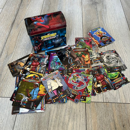 Spider-Man Heroes &amp; Villains 2008 Card Set includes a random amount of foil and standard cards, stored in a collectible metal box. Originally sold with the Spider-Man Heroes &amp; Villains Collection magazine, these cards can be collected or used to play multiple official games.